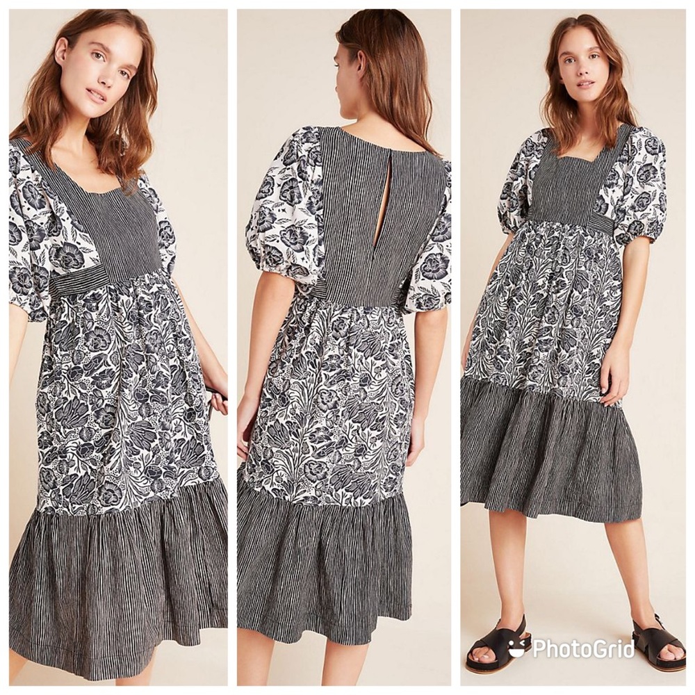 Anthropologie Bloomingprint Adrienne Black Cream Floral Dress Flounce Midi 14